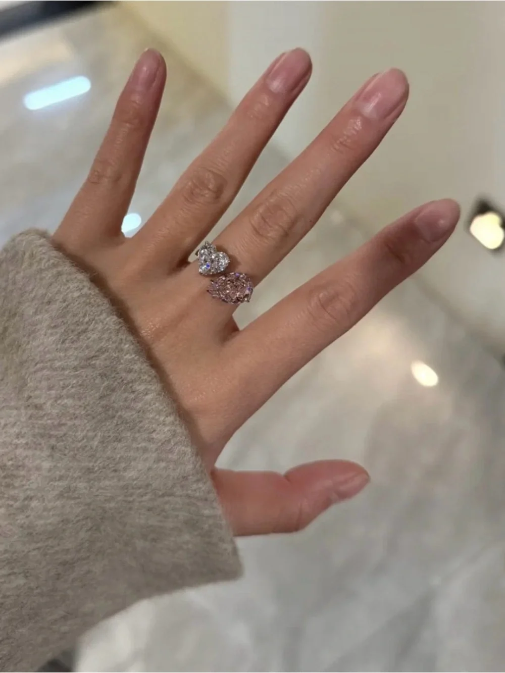 Double Stone Heart & Pear Pink and White Cubic Zirconia Ring